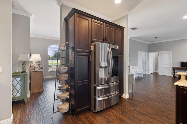 2350 Virgil Hall Rd, Lithia, FL 33547 - kitchen with stainless steel fridge with ice dispenser, dark wood-type flooring, baseboards, ornamental molding, and recessed lighting