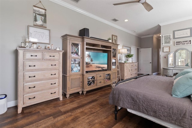 2350 Virgil Hall Rd, Lithia, FL 33547 - bedroom featuring ornamental molding, dark wood finished floors, recessed lighting, a ceiling fan, and baseboards