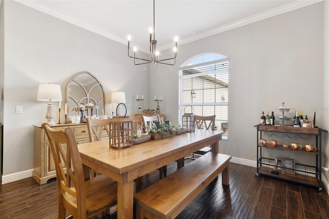 2350 Virgil Hall Rd, Lithia, FL 33547 - dining space featuring baseboards, wood finished floors, ornamental molding, and a chandelier