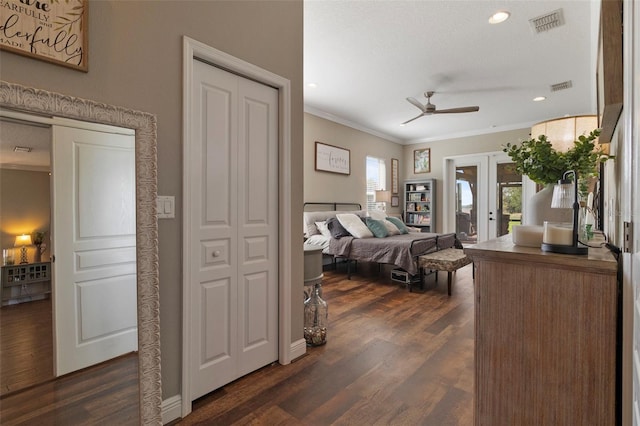 2350 Virgil Hall Rd, Lithia, FL 33547 - bedroom with ornamental molding, dark wood-style flooring, french doors, recessed lighting, and access to outside