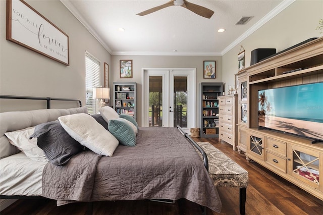 2350 Virgil Hall Rd, Lithia, FL 33547 - bedroom with french doors, access to outside, crown molding, dark wood-style flooring, and recessed lighting