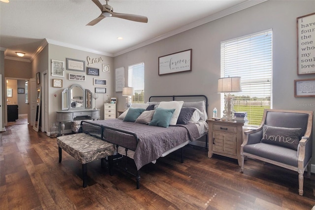2350 Virgil Hall Rd, Lithia, FL 33547 - bedroom with wood finished floors, crown molding, recessed lighting, and a ceiling fan