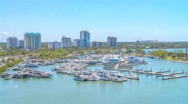 688 Golden Gate Pt Unit 201, Sarasota, FL 34236 - water view with a marina and skyline