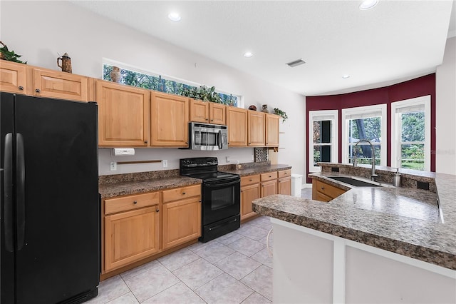 135 Tall Trees Ct, Sarasota, FL 34232 - kitchen featuring black appliances, a sink, healthy amount of natural light, light tile patterned floors, and recessed lighting