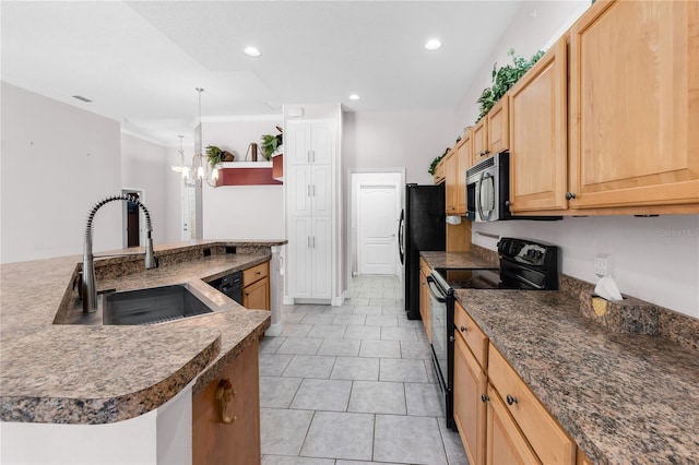 135 Tall Trees Ct, Sarasota, FL 34232 - kitchen featuring black appliances, a sink, open shelves, recessed lighting, and dark countertops