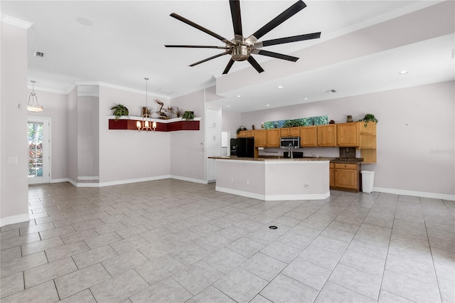135 Tall Trees Ct, Sarasota, FL 34232 - unfurnished living room with ornamental molding, ceiling fan, recessed lighting, baseboards, and light tile patterned floors