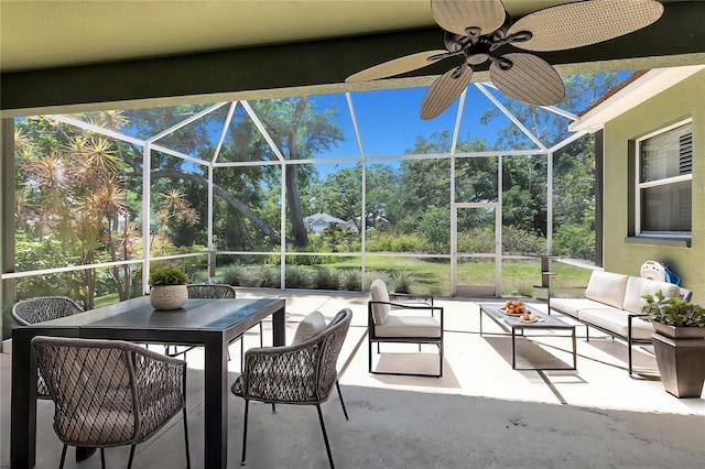 135 Tall Trees Ct, Sarasota, FL 34232 - view of patio with an outdoor living space, glass enclosure, and ceiling fan
