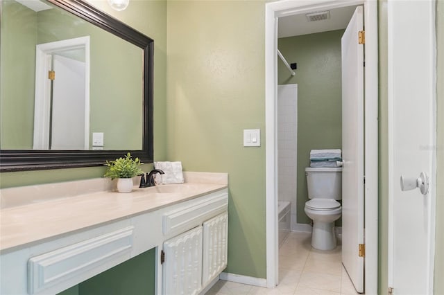 4475 Sandner Dr, Sarasota, FL 34243 - bathroom with vanity, toilet, shower / bathtub combination, a textured wall, and tile patterned floors