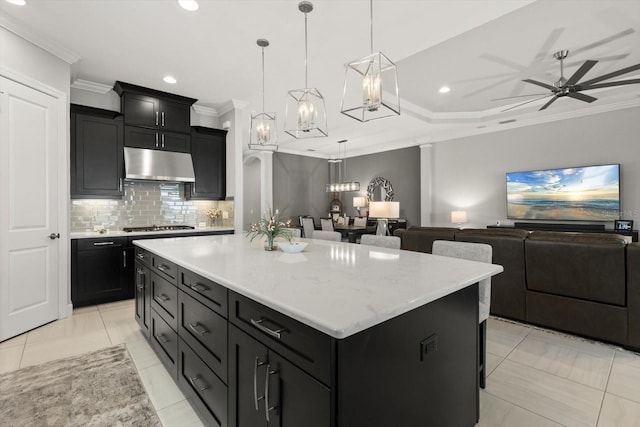 12856 Sorrento Way, Bradenton, FL 34211 - kitchen with under cabinet range hood, crown molding, tasteful backsplash, dark cabinetry, and open floor plan