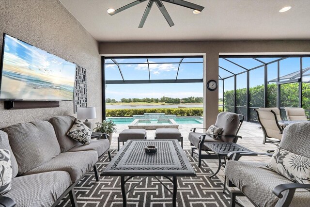 12856 Sorrento Way, Bradenton, FL 34211 - view of patio / terrace with outdoor lounge area, ceiling fan, glass enclosure, and a pool with connected hot tub
