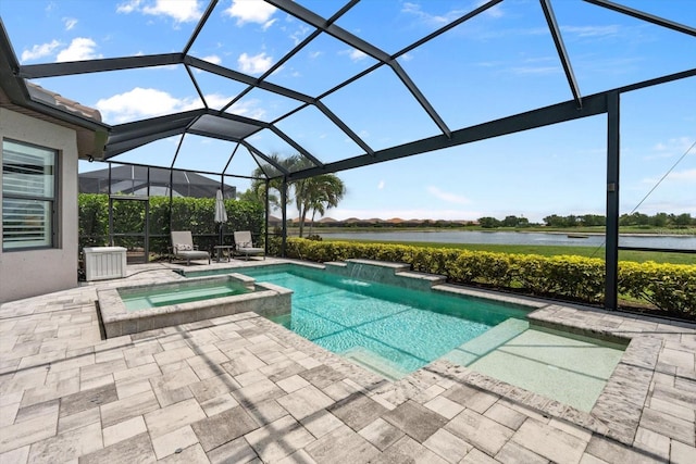 12856 Sorrento Way, Bradenton, FL 34211 - view of pool with a patio area, a water view, a pool with connected hot tub, and a lanai