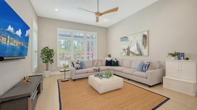 7838 Bowspirit Way, Lakewood Ranch, FL 34202 - living room featuring light wood-style flooring, ceiling fan, and recessed lighting
