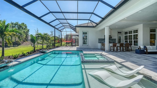 7838 Bowspirit Way, Lakewood Ranch, FL 34202 - view of pool with a patio area, a pool with connected hot tub, and glass enclosure