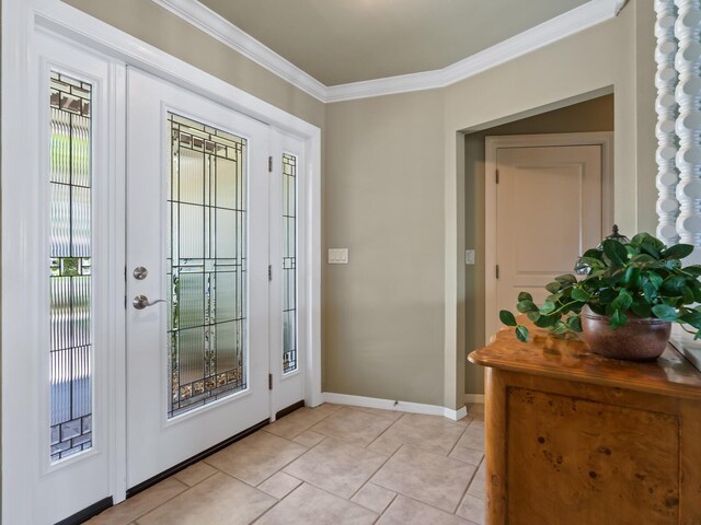 7614 Peninsular Dr, Sarasota, FL 34231 - doorway to outside with ornamental molding, light tile patterned floors, and baseboards