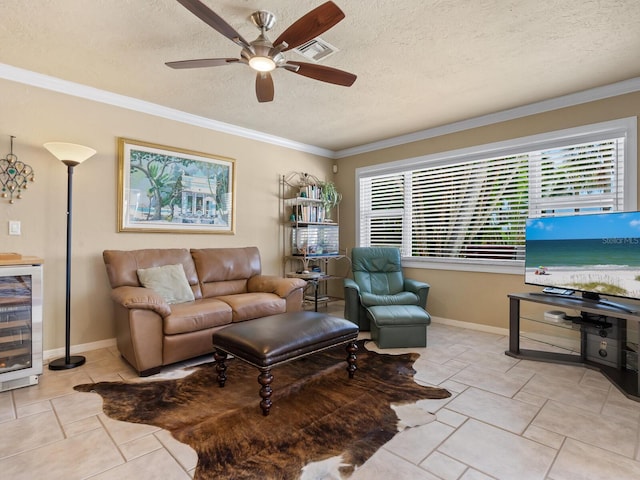 7614 Peninsular Dr, Sarasota, FL 34231 - living room with beverage cooler, a ceiling fan, a textured ceiling, crown molding, and baseboards