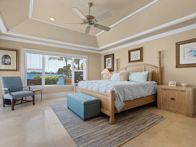 7614 Peninsular Dr, Sarasota, FL 34231 - bedroom featuring a tray ceiling, ornamental molding, ceiling fan, light tile patterned floors, and baseboards