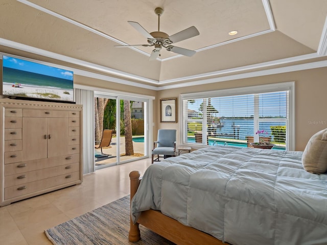 7614 Peninsular Dr, Sarasota, FL 34231 - bedroom with access to outside, a raised ceiling, light tile patterned floors, and a ceiling fan