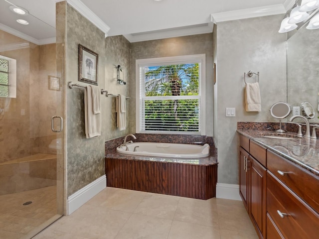7614 Peninsular Dr, Sarasota, FL 34231 - full bath with a stall shower, crown molding, a bath, vanity, and baseboards