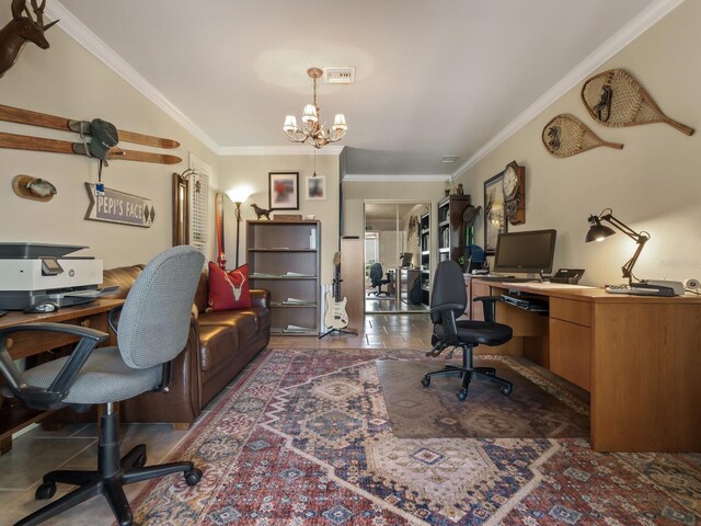 7614 Peninsular Dr, Sarasota, FL 34231 - office area featuring a chandelier, ornamental molding, and tile patterned flooring