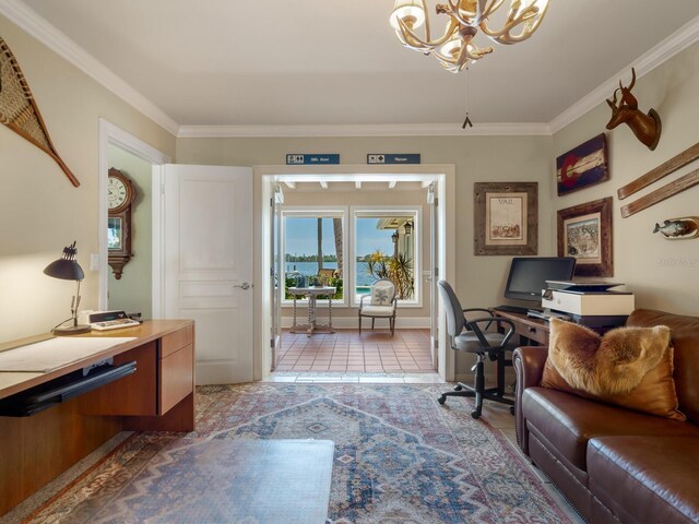 7614 Peninsular Dr, Sarasota, FL 34231 - office featuring a chandelier, crown molding, and tile patterned floors