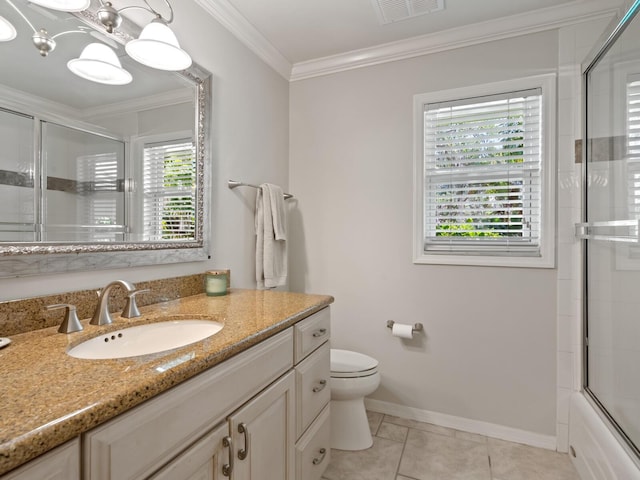 7614 Peninsular Dr, Sarasota, FL 34231 - bathroom with vanity, crown molding, toilet, baseboards, and bath / shower combo with glass door