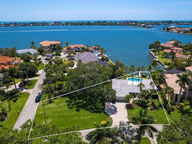 7614 Peninsular Dr, Sarasota, FL 34231 - aerial view of residential area featuring property parcel outlined, a nearby body of water, and a pool