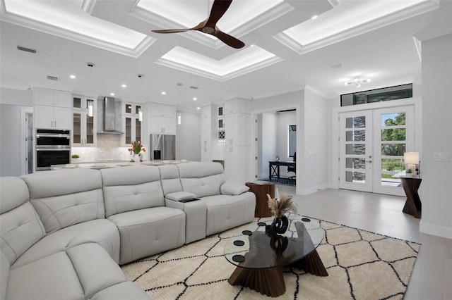805 Padua Ct, Nokomis, FL 34275 - living area with a ceiling fan, ornamental molding, recessed lighting, coffered ceiling, and french doors