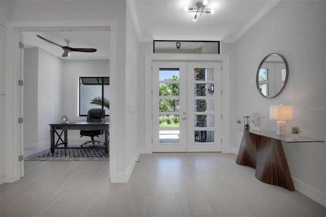 805 Padua Ct, Nokomis, FL 34275 - foyer entrance featuring crown molding, baseboards, a ceiling fan, and french doors