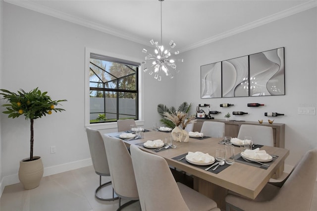 805 Padua Ct, Nokomis, FL 34275 - dining space with a chandelier, crown molding, baseboards, and light tile patterned flooring