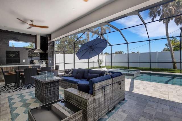 805 Padua Ct, Nokomis, FL 34275 - fenced backyard featuring an outdoor living space, a patio, glass enclosure, and a ceiling fan