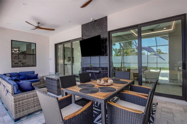 805 Padua Ct, Nokomis, FL 34275 - view of patio / terrace featuring ceiling fan, an outdoor living space, outdoor dining space, and glass enclosure