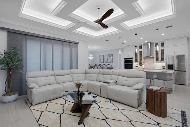 805 Padua Ct, Nokomis, FL 34275 - living area featuring ceiling fan, ornamental molding, recessed lighting, and coffered ceiling