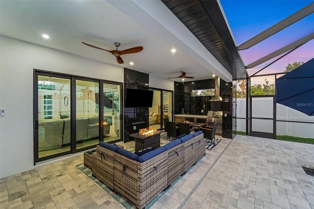 805 Padua Ct, Nokomis, FL 34275 - view of patio / terrace featuring an outdoor living space with a fire pit, a ceiling fan, and glass enclosure