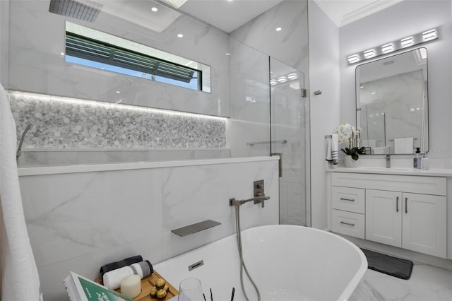 805 Padua Ct, Nokomis, FL 34275 - full bath featuring a freestanding tub, vanity, a marble finish shower, marble finish floors, and crown molding