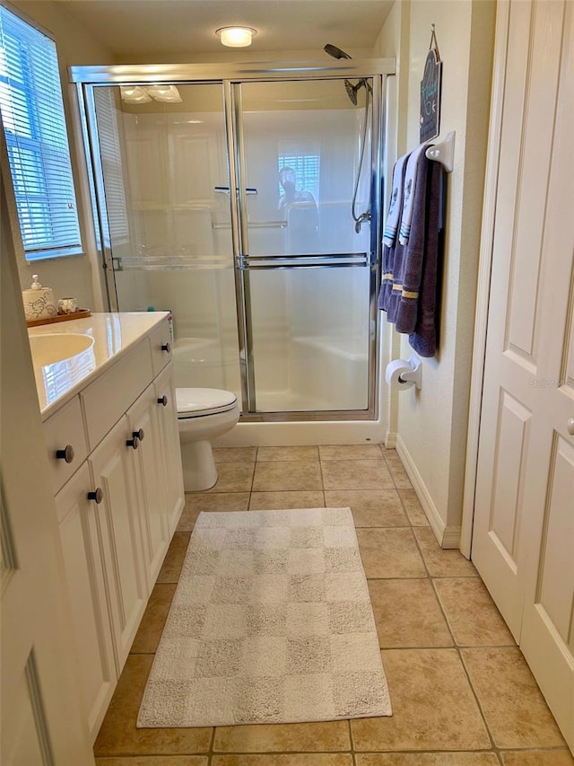 600 Mirabella Cir Unit 201, Venice, FL 34292 - full bathroom with tile patterned flooring, vanity, toilet, a shower stall, and baseboards