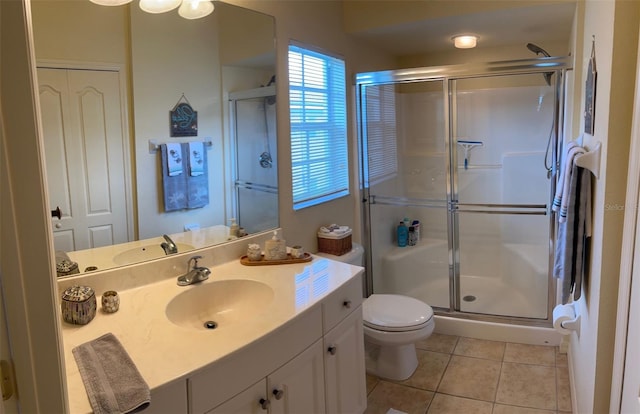 600 Mirabella Cir Unit 201, Venice, FL 34292 - bathroom featuring tile patterned floors, vanity, a stall shower, and toilet