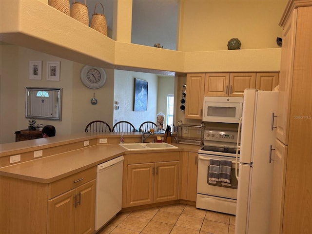 600 Mirabella Cir Unit 201, Venice, FL 34292 - kitchen with white appliances, a sink, light tile patterned floors, a peninsula, and light countertops