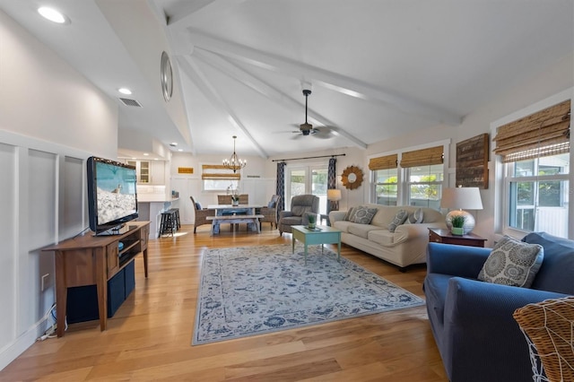 221 85th St, Holmes Beach, FL 34217 - living area featuring ceiling fan, plenty of natural light, a chandelier, light wood-style flooring, and recessed lighting
