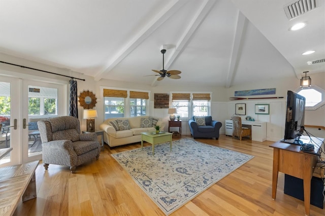 221 85th St, Holmes Beach, FL 34217 - living area featuring ceiling fan, beam ceiling, french doors, high vaulted ceiling, and light wood finished floors