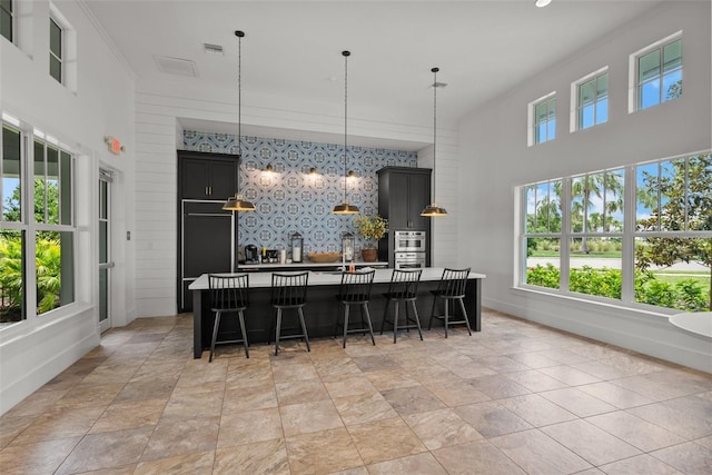 4407 Big Woods Way, Parrish, FL 34219 - kitchen with a breakfast bar area, a kitchen island with sink, pendant lighting, dark cabinetry, and light stone finish floors