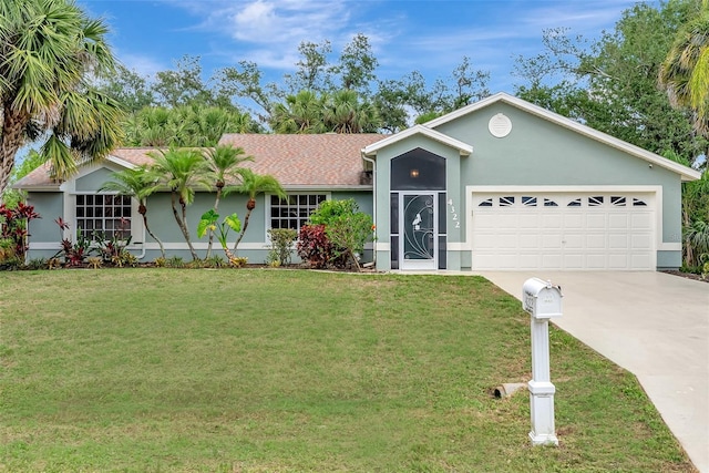 4322 Concert St, Port Charlotte, FL 33948 - ranch-style home with an attached garage, a front lawn, driveway, and stucco siding