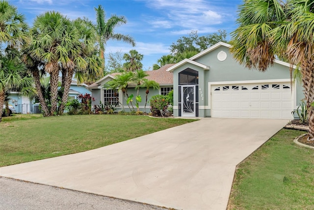 4322 Concert St, Port Charlotte, FL 33948 - ranch-style house featuring an attached garage, driveway, stucco siding, and a front lawn
