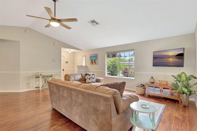 4322 Concert St, Port Charlotte, FL 33948 - living area featuring a ceiling fan, lofted ceiling, and wood finished floors