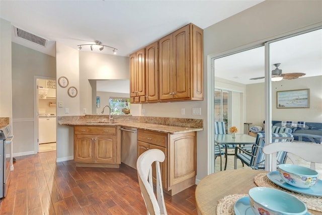 4322 Concert St, Port Charlotte, FL 33948 - kitchen with appliances with stainless steel finishes, dark wood finished floors, a ceiling fan, and a sink
