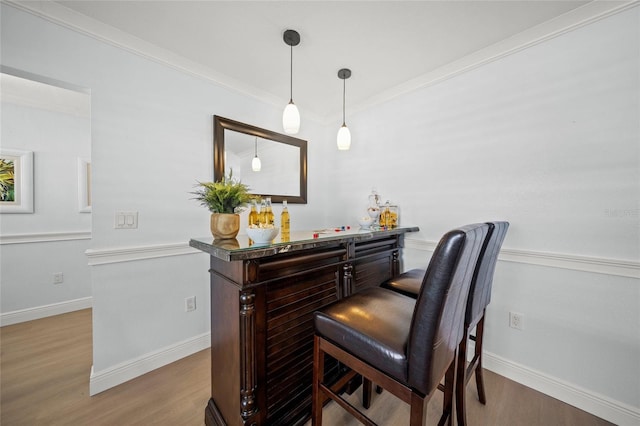 572 Commonwealth Ln, Sarasota, FL 34242 - indoor dry bar featuring wood finished floors, baseboards, ornamental molding, and hanging light fixtures