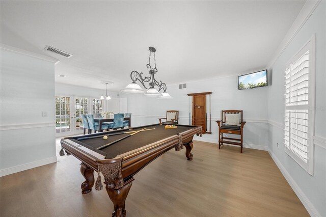 572 Commonwealth Ln, Sarasota, FL 34242 - rec room featuring billiards, light wood-style floors, baseboards, french doors, and crown molding