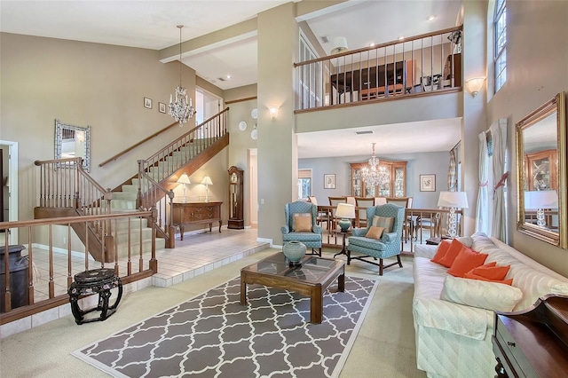 4917 Leatha Ln, Sarasota, FL 34232 - living area featuring a chandelier, high vaulted ceiling, stairs, carpet floors, and beamed ceiling
