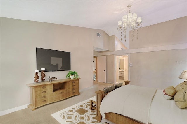 4917 Leatha Ln, Sarasota, FL 34232 - bedroom with light carpet, high vaulted ceiling, a chandelier, and baseboards