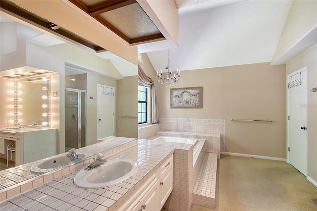 4917 Leatha Ln, Sarasota, FL 34232 - bathroom featuring lofted ceiling, vanity, a shower stall, a bath, and a chandelier