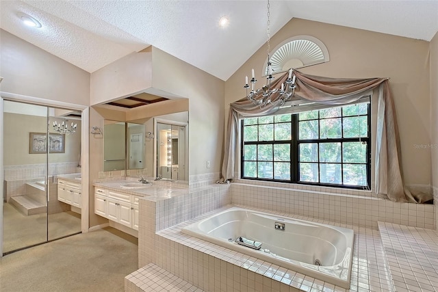 4917 Leatha Ln, Sarasota, FL 34232 - full bathroom with a chandelier, vaulted ceiling, vanity, and a bath